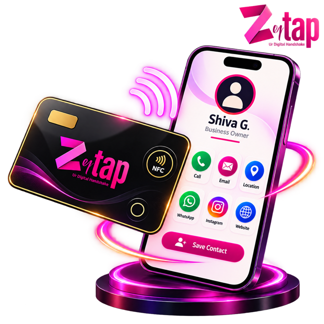 A ZoyTap NFC card and phone together, warm light behind them