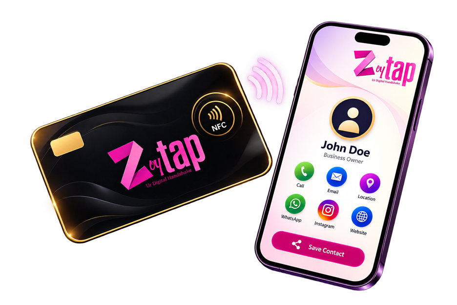 A matte black ZoyTap NFC card beside a phone showing the digital profile it shares