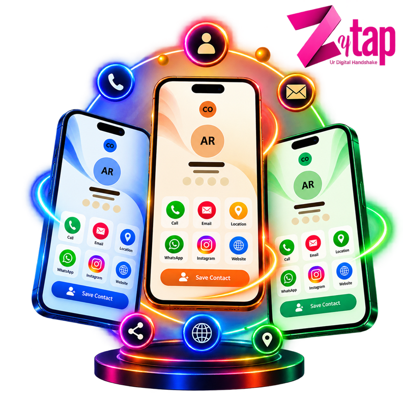 Three phones showing different ZoyTap digital card template designs in blue, amber, and green
