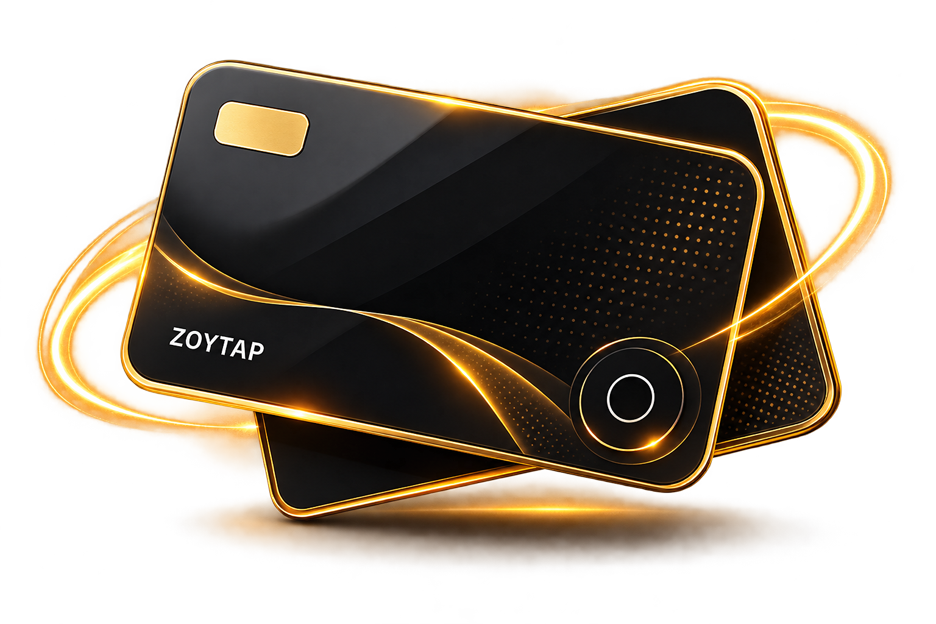 A close angled view of the matte black ZoyTap NFC card, gold metallic edge catching the light